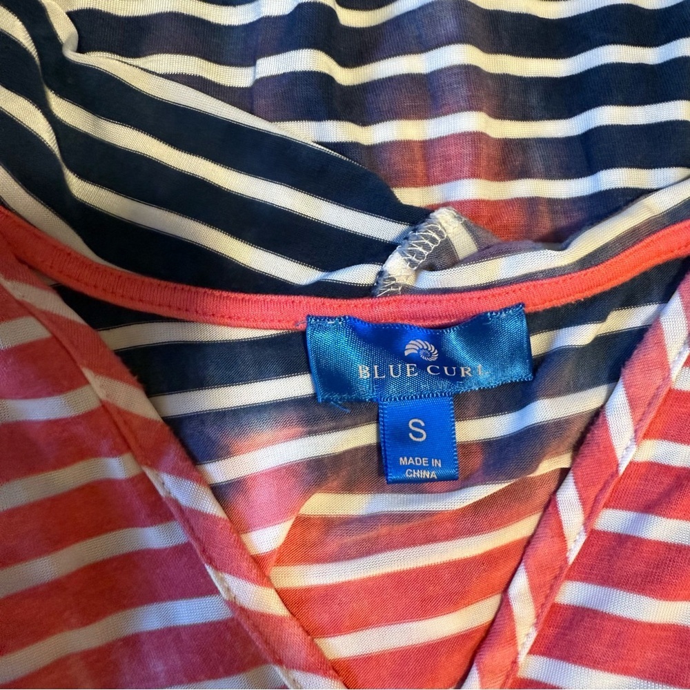 EUC Blue Curl Patriotic Red White and Blue Striped Hooded Beach Tunic Coverup - Picture 4 of 5